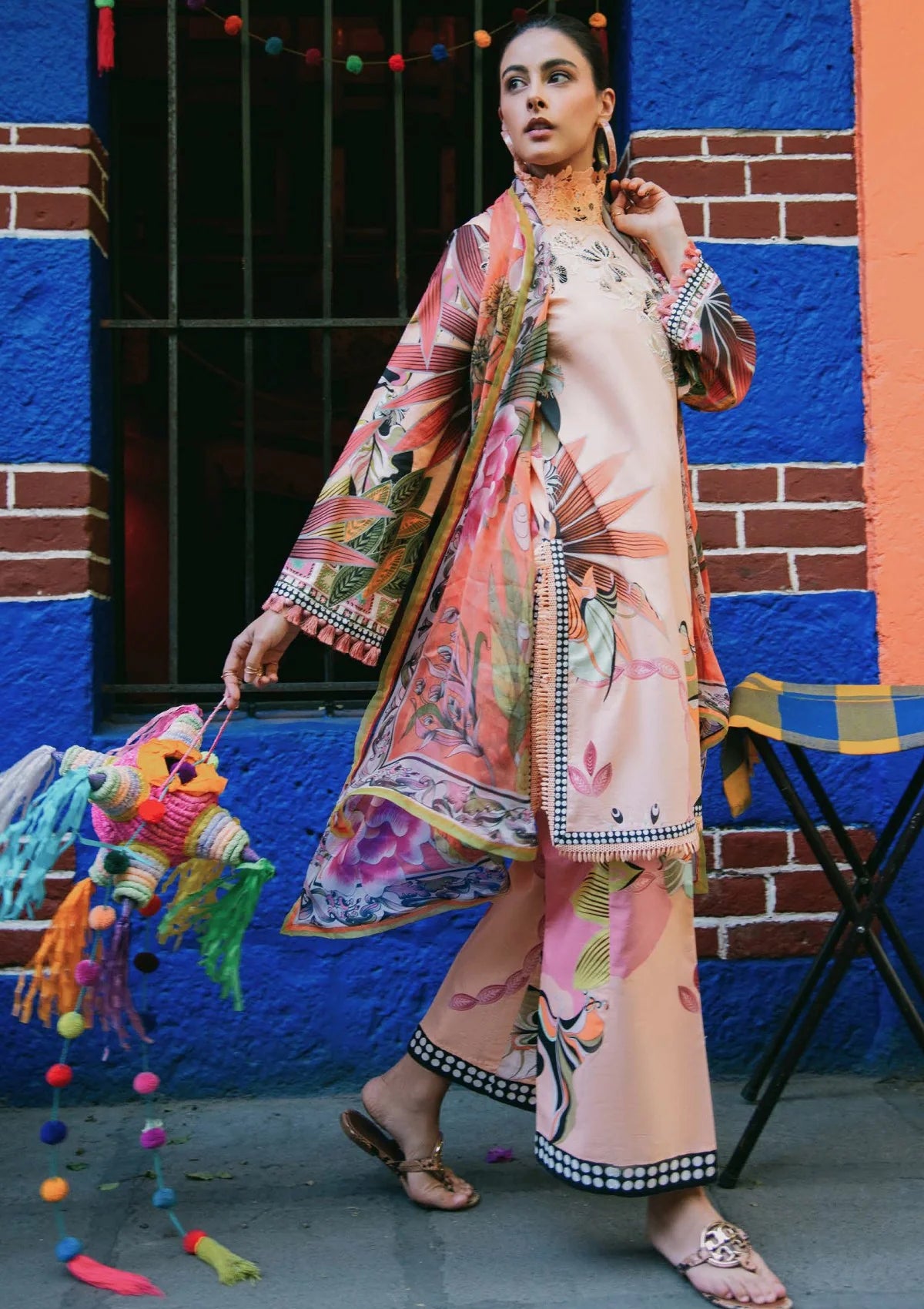 Printed lawn front of Mushq Peach Poppies shirt