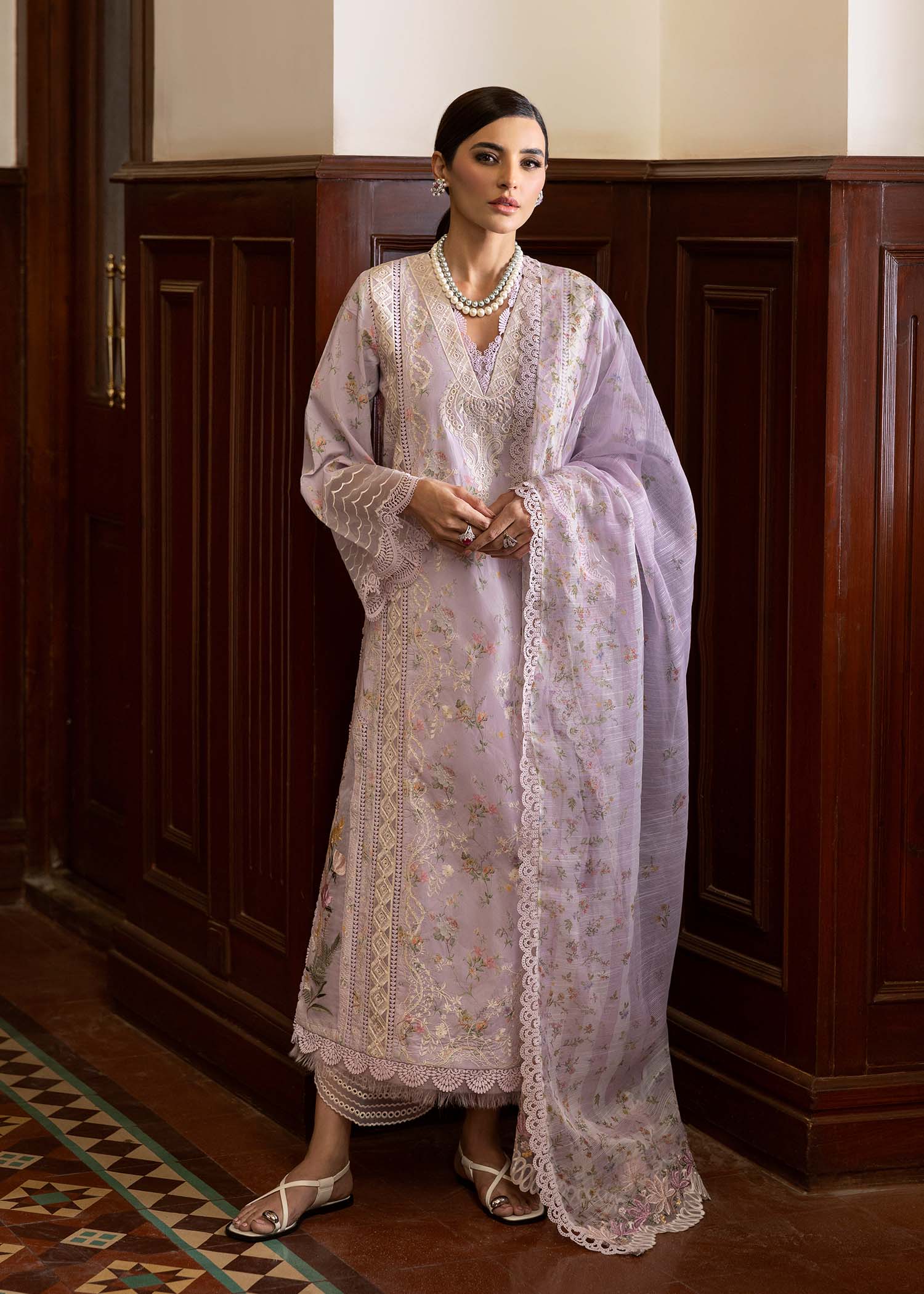 Embroidered organza front panel border of Saira Shakira dress