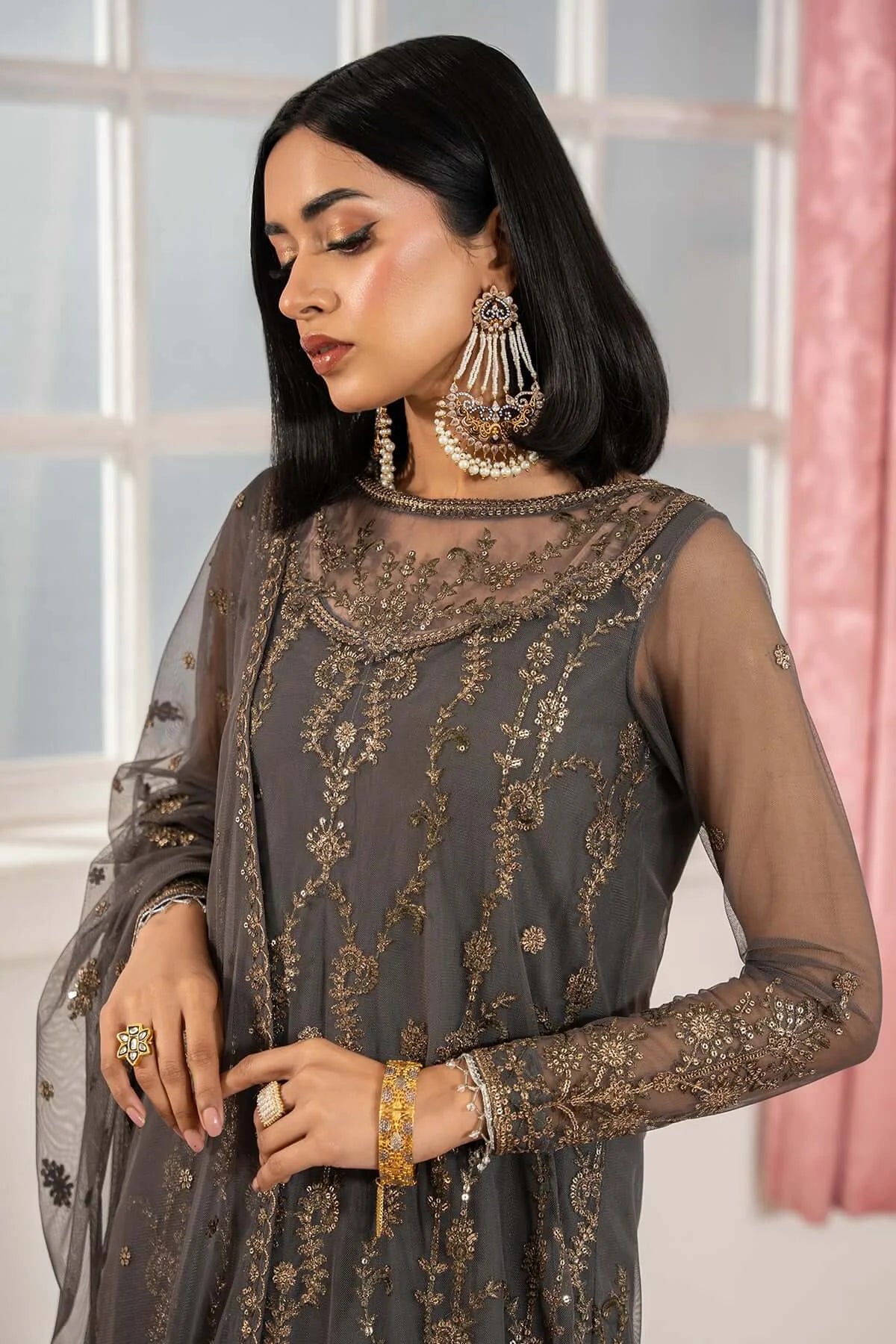 Close-up of sleeve embroidery on Z-04 SORAYA dress