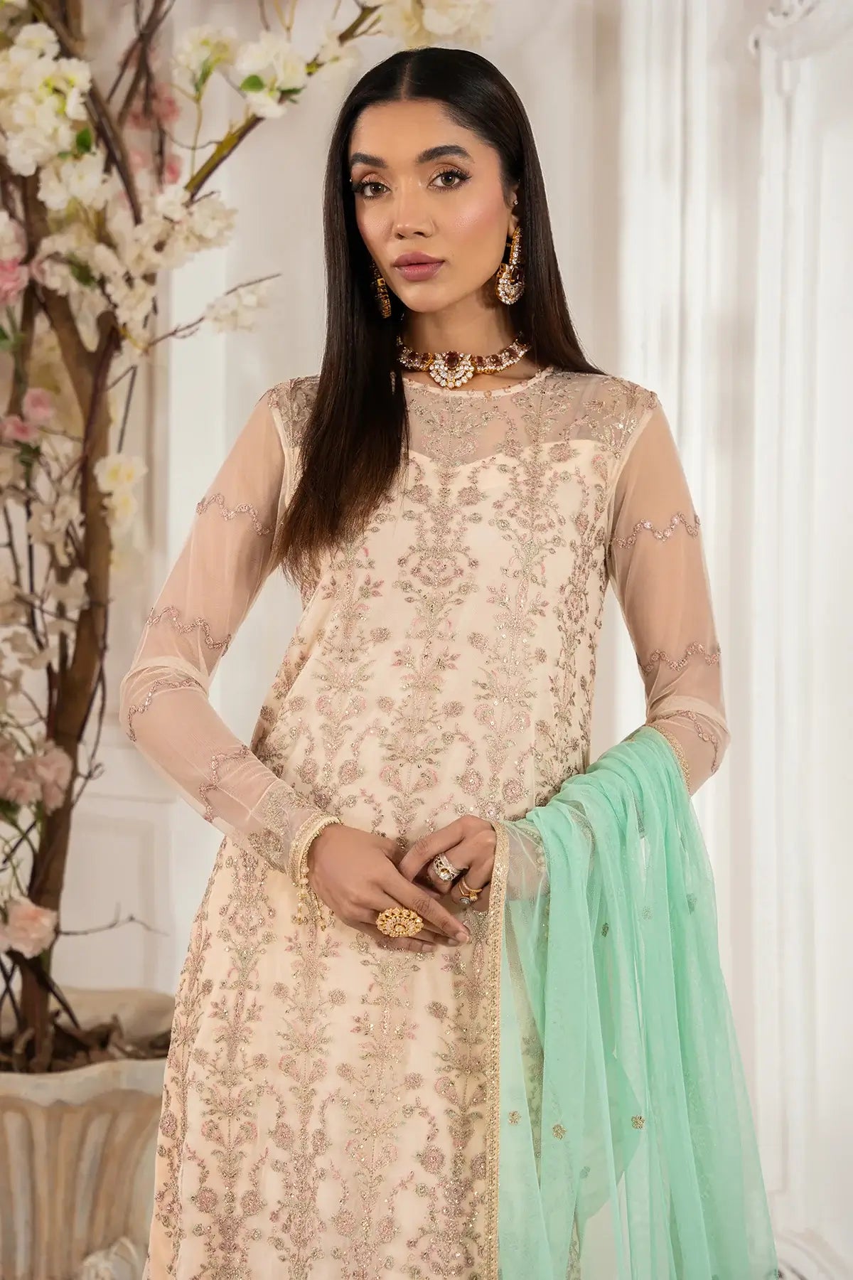 Contrast net dupatta of Z-05 ZORAIZ with lace border