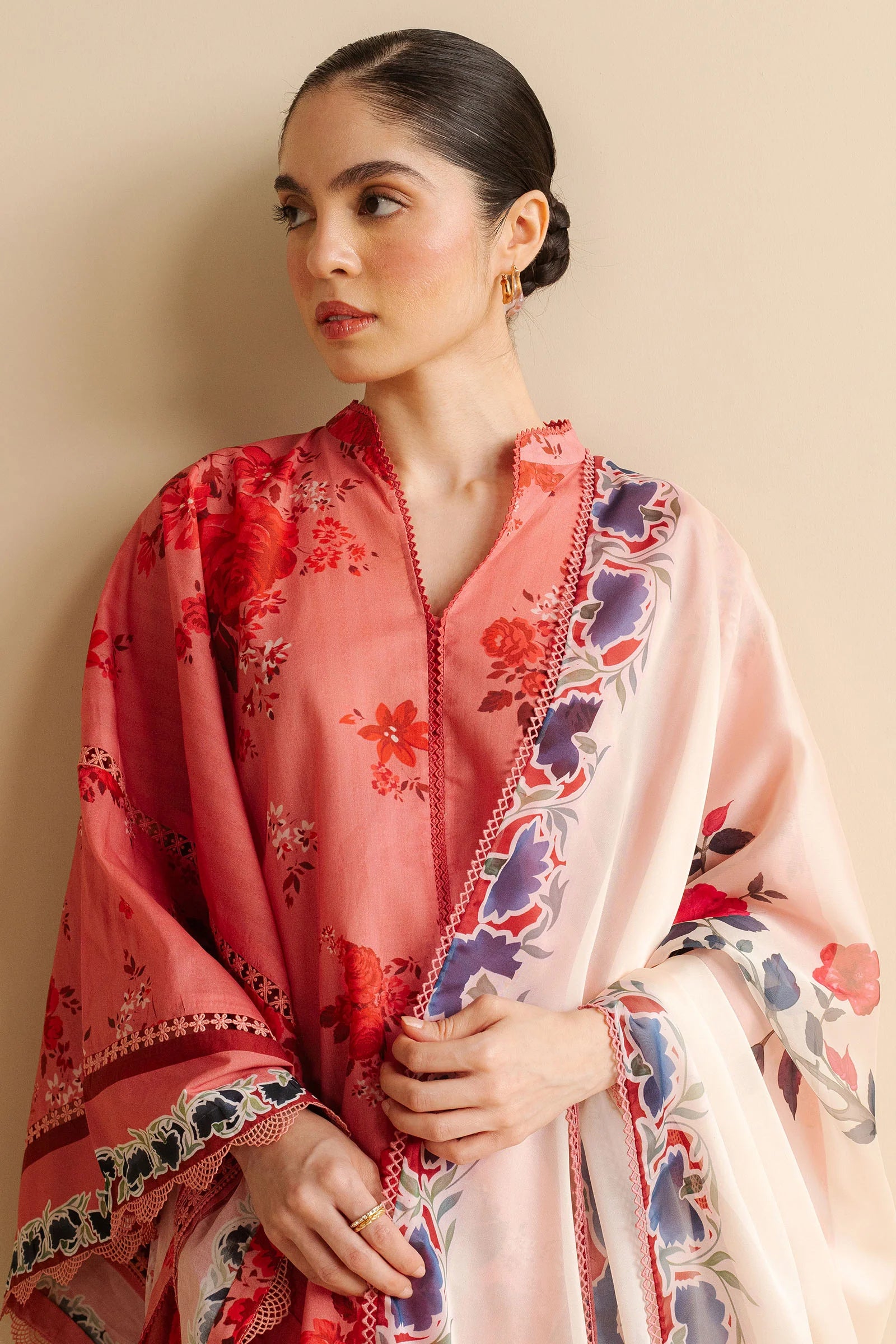 Pink Coral Floral Print - Zara Shahjahan Lawn Shirt Detail
