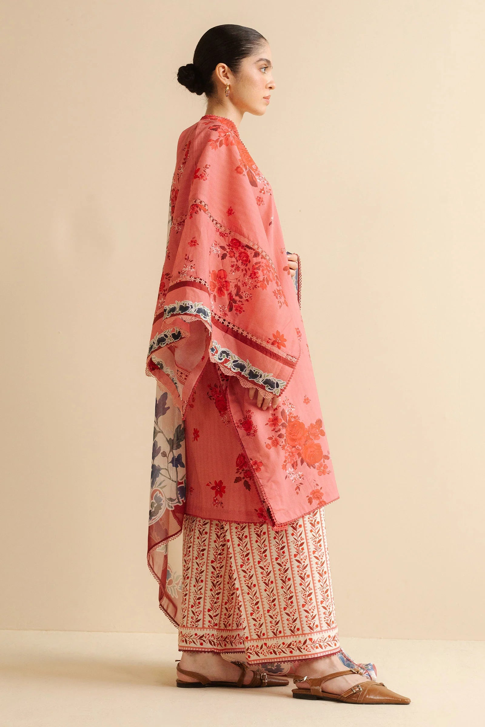 Pink Coral Floral Print - Zara Shahjahan Lawn Shirt Detail-sideview