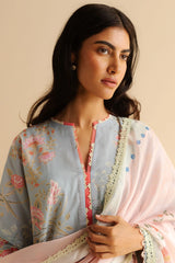 Close-up of Pink Patterns on Zara Shahjahan Blue Shirt
