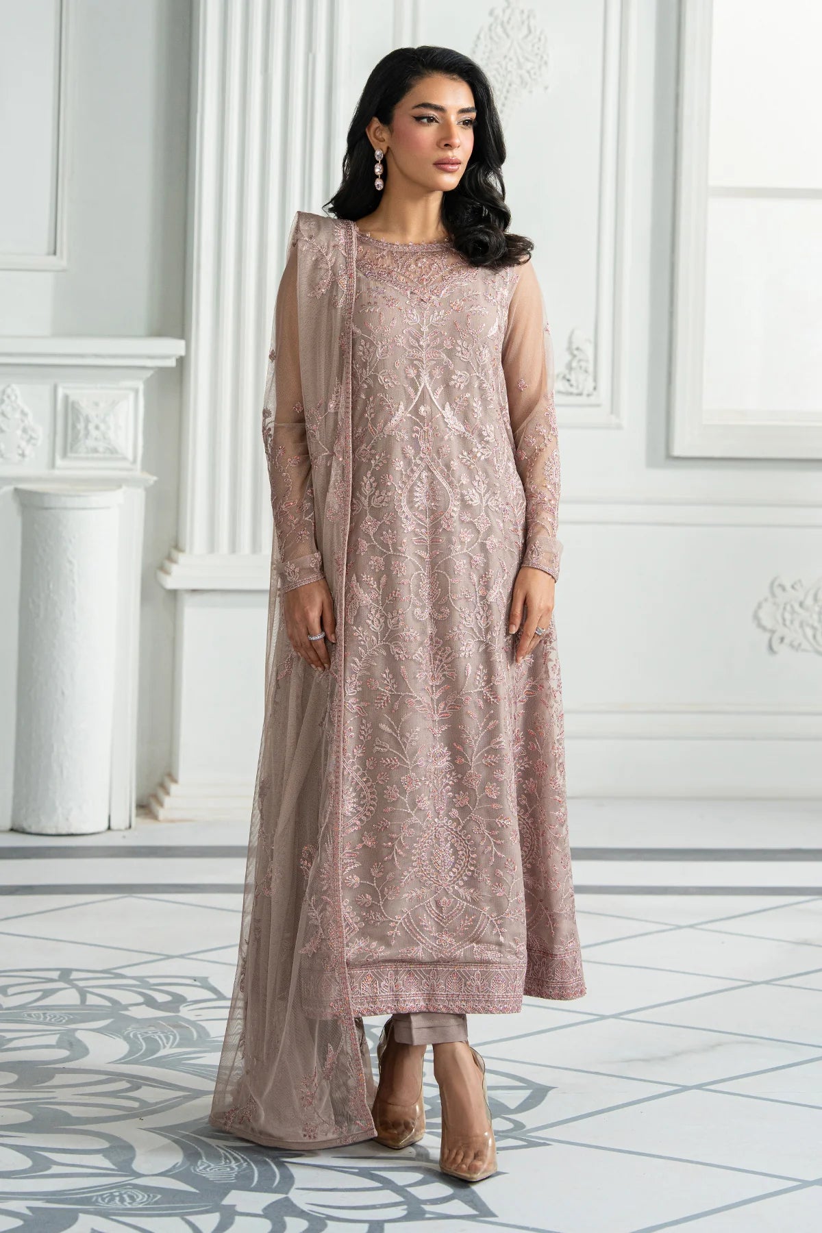 Embroidered Net Dupatta - Zarif Hayda Formal Set