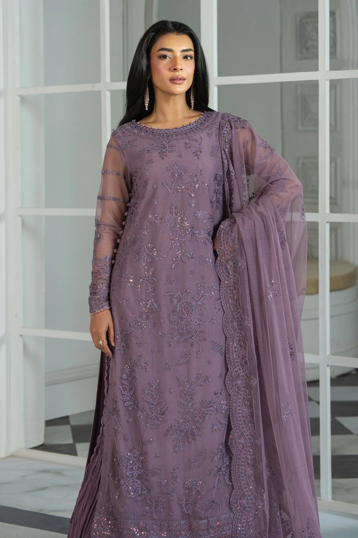 Front pannel of Sequin Embroidery on Zarif ZRI-03 NISA Net Shirt