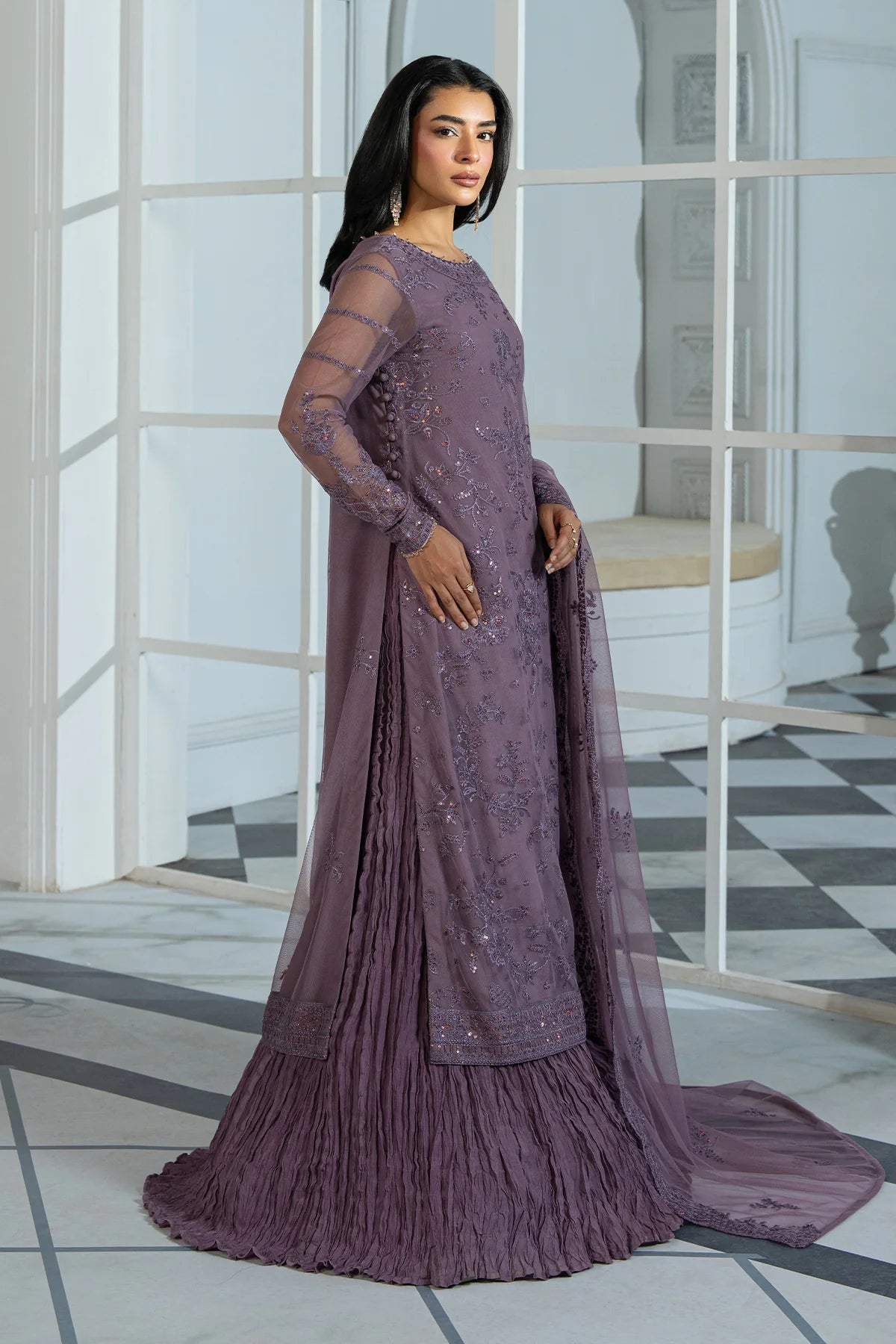 Side view Sequin-Embroidered Net Dupatta – Zarif Inara Formals